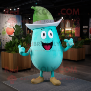 Turquoise Radish mascot costume character dressed with a V-Neck Tee and Hat pins