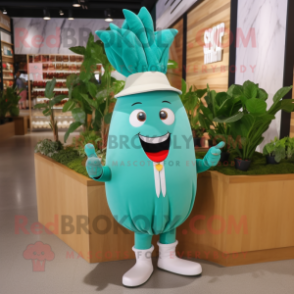 Turquoise Radish mascot costume character dressed with a V-Neck Tee and Hat pins