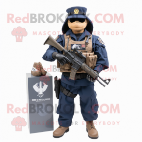 Navy Marine Recon mascot costume character dressed with a Vest and Handbags