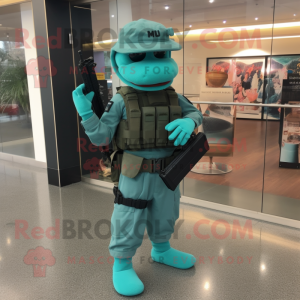 Teal Marine Recon mascot costume character dressed with a Midi Dress and Briefcases