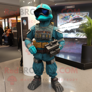 Teal Marine Recon mascot costume character dressed with a Midi Dress and Briefcases