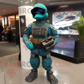 Teal Marine Recon mascot costume character dressed with a Midi Dress and Briefcases