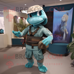 Teal Marine Recon mascot costume character dressed with a Midi Dress and Briefcases