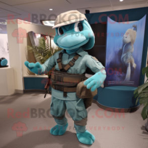 Teal Marine Recon mascot costume character dressed with a Midi Dress and Briefcases