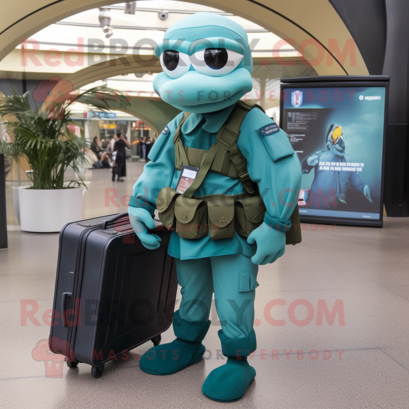 Teal Marine Recon mascot costume character dressed with a Midi Dress and Briefcases