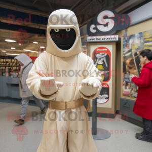 Cream Gi Joe mascot costume character dressed with a Raincoat and Wraps