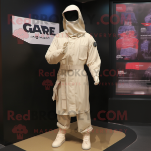 Cream Gi Joe mascot costume character dressed with a Raincoat and Wraps