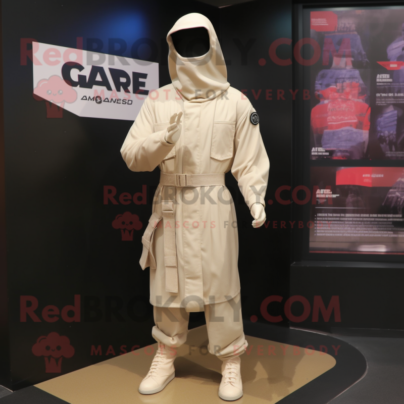 Cream Gi Joe mascot costume character dressed with a Raincoat and Wraps Cream Gi Joe mascot costume character dressed with a Raincoat and Wraps