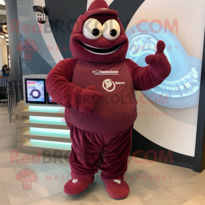 Maroon Croissant mascot costume character dressed with a Jumpsuit and Digital watches