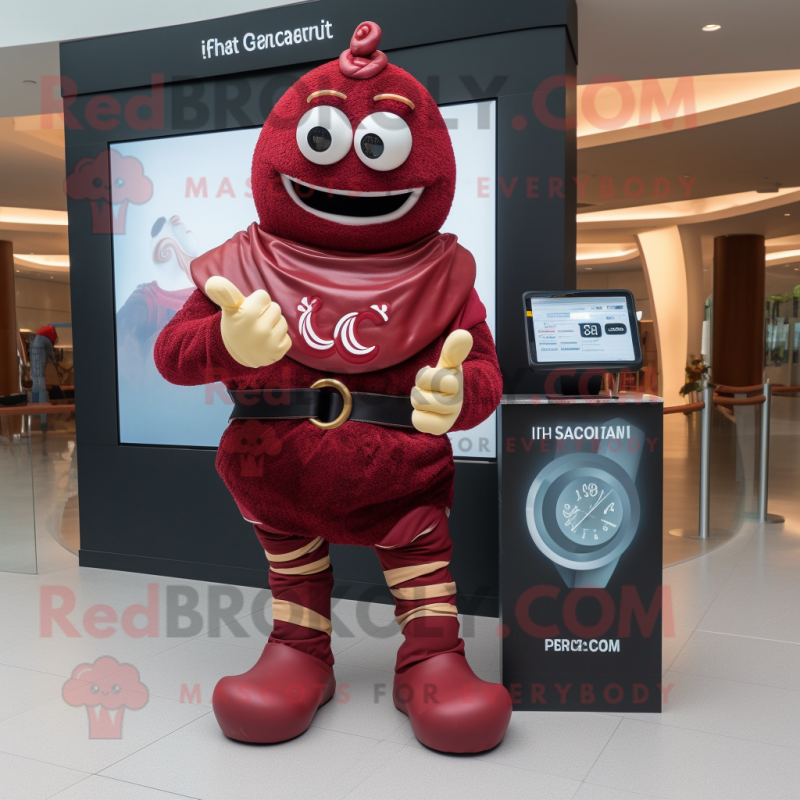 Maroon Croissant mascot costume character dressed with a Jumpsuit and Digital watches Maroon Croissant mascot costume character dressed with a Jumpsuit and Digital watches