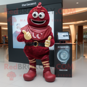 Maroon Croissant mascot costume character dressed with a Jumpsuit and Digital watches