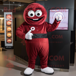 Maroon Croissant mascot costume character dressed with a Jumpsuit and Digital watches