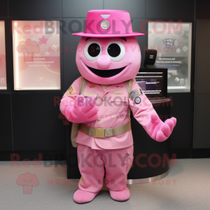 Pink American Soldier mascot costume character dressed with a Evening Gown and Coin purses