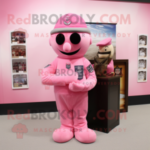 Pink American Soldier mascot costume character dressed with a Evening Gown and Coin purses