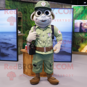 White Green Beret mascot costume character dressed with a Denim Shorts and Wallets