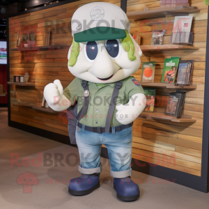 White Green Beret mascot costume character dressed with a Denim Shorts and Wallets