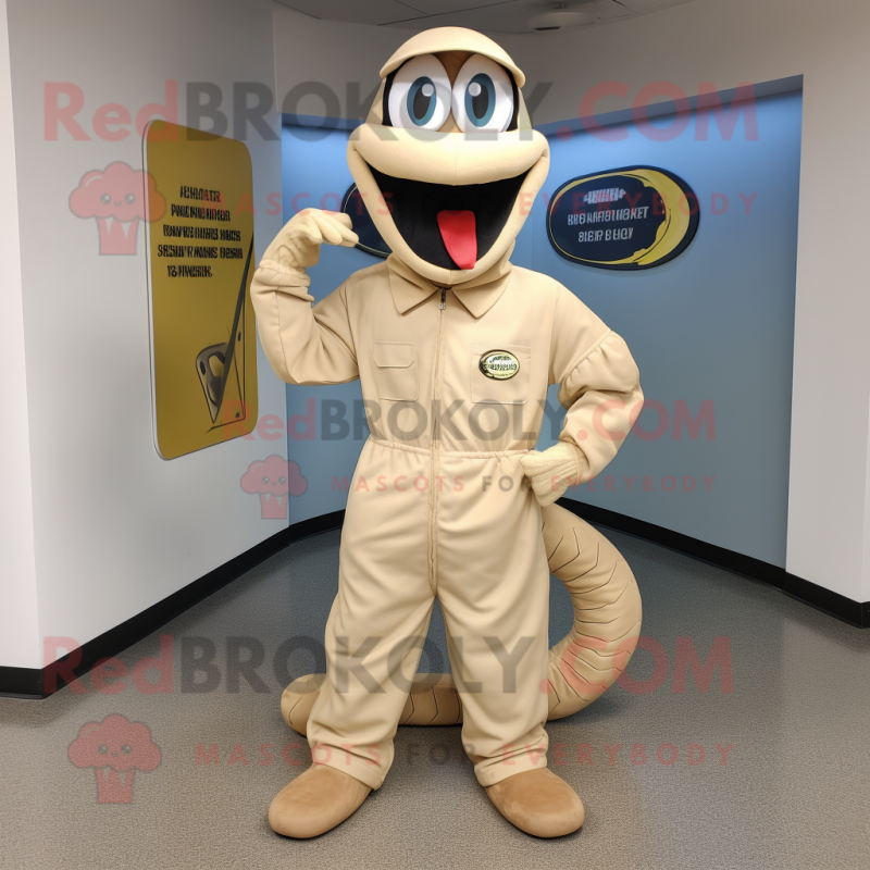 Beige Snake mascot costume character dressed with a Windbreaker and Shoe clips