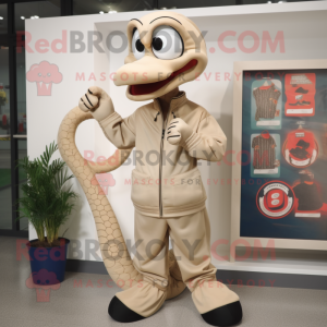 Beige Snake mascot costume character dressed with a Windbreaker and Shoe clips