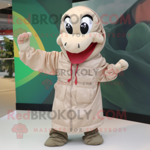 Beige Snake mascot costume character dressed with a Windbreaker and Shoe clips