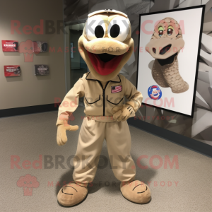 Beige Snake mascot costume character dressed with a Windbreaker and Shoe clips