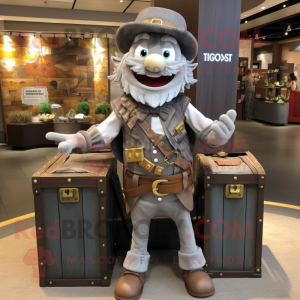 Gray Treasure Chest mascot costume character dressed with a Vest and Suspenders
