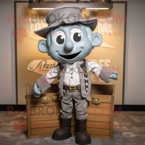 Gray Treasure Chest mascot costume character dressed with a Vest and Suspenders