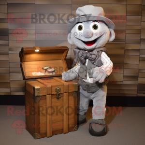 Gray Treasure Chest mascot costume character dressed with a Vest and Suspenders