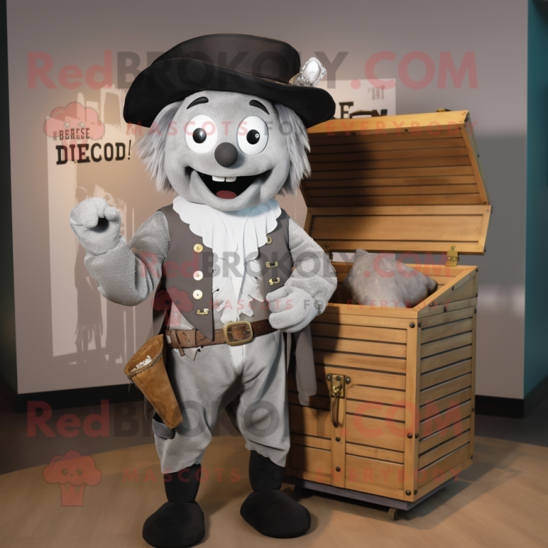 Gray Treasure Chest mascot costume character dressed with a Vest and Suspenders