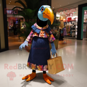 nan Toucan mascot costume character dressed with a Shift Dress and Clutch bags