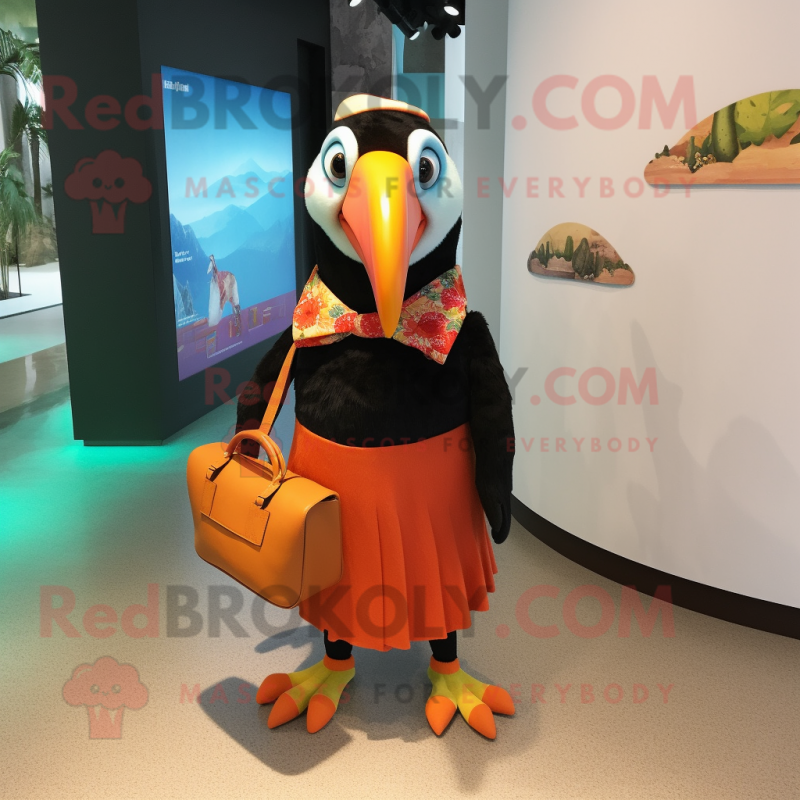 nan Toucan mascot costume character dressed with a Shift Dress and Clutch bags