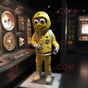 Yellow Mummy mascot costume character dressed with a Bomber Jacket and Lapel pins