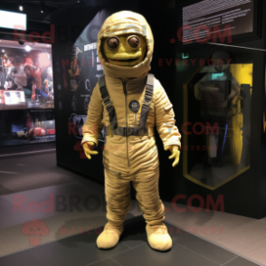 Yellow Mummy mascot costume character dressed with a Bomber Jacket and Lapel pins