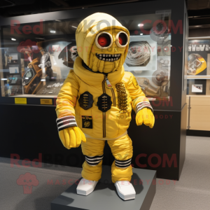 Yellow Mummy mascot costume character dressed with a Bomber Jacket and Lapel pins