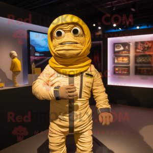 Yellow Mummy mascot costume character dressed with a Bomber Jacket and Lapel pins