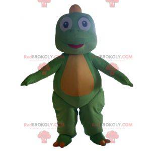 Cute and touching green and yellow dinosaur mascot -