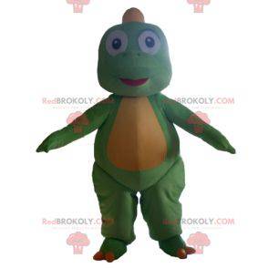 Cute and touching green and yellow dinosaur mascot -