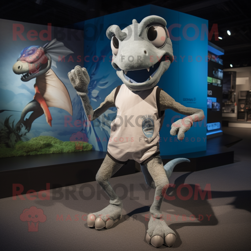 Silver Dimorphodon mascot costume character dressed with a Running Shorts and Ties Silver Dimorphodon mascot costume character dressed with a Running Shorts and Ties