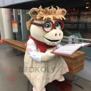 Cream Pulled Pork Sandwich mascot costume character dressed with a Corduroy Pants and Reading glasses