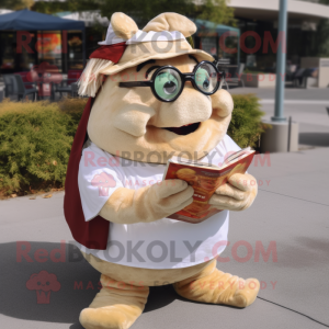 Cream Pulled Pork Sandwich mascot costume character dressed with a Corduroy Pants and Reading glasses