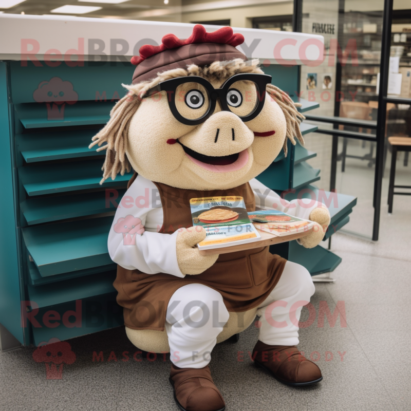 Cream Pulled Pork Sandwich mascot costume character dressed with a Corduroy Pants and Reading glasses