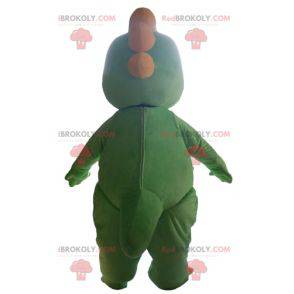 Cute and touching green and yellow dinosaur mascot -