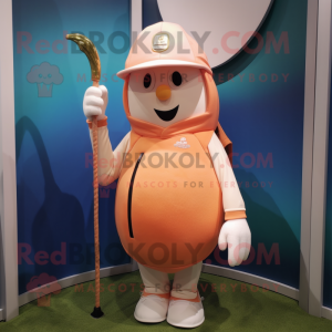 Peach Golf Bag mascot costume character dressed with a Long Sleeve Tee and Hat pins