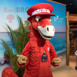 Red Sea Horse mascot costume character dressed with a Henley Shirt and Hats