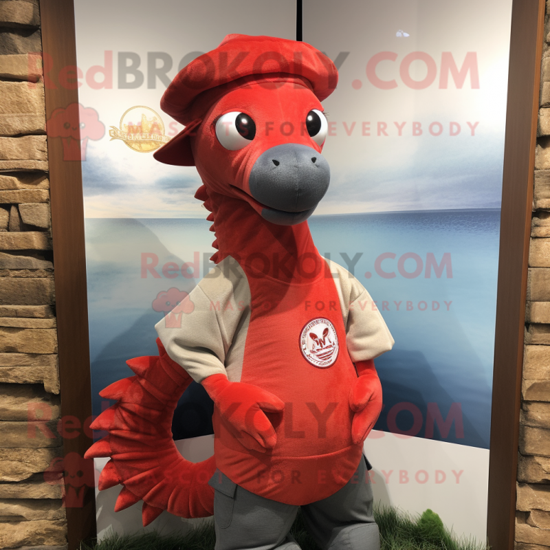Red Sea Horse mascot costume character dressed with a Henley Shirt and Hats Red Sea Horse mascot costume character dressed with a Henley Shirt and Hats