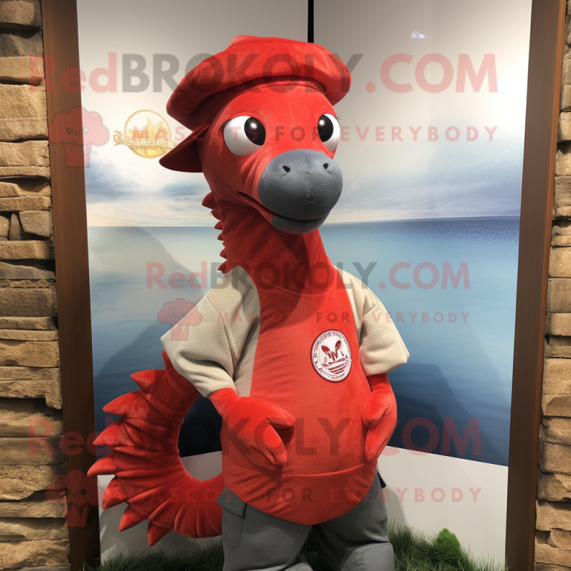 Red Sea Horse mascot costume character dressed with a Henley Shirt and Hats