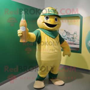 Green Bottle Of Mustard mascot costume character dressed with a Baseball Tee and Gloves