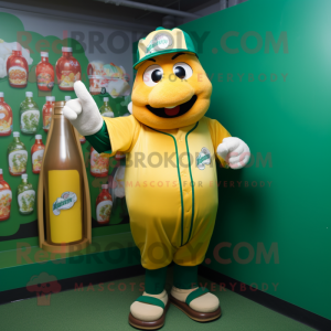 Green Bottle Of Mustard mascot costume character dressed with a Baseball Tee and Gloves