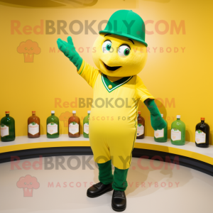 Green Bottle Of Mustard mascot costume character dressed with a Baseball Tee and Gloves