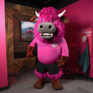 Magenta Buffalo mascot costume character dressed with a Long Sleeve Tee and Tie pins