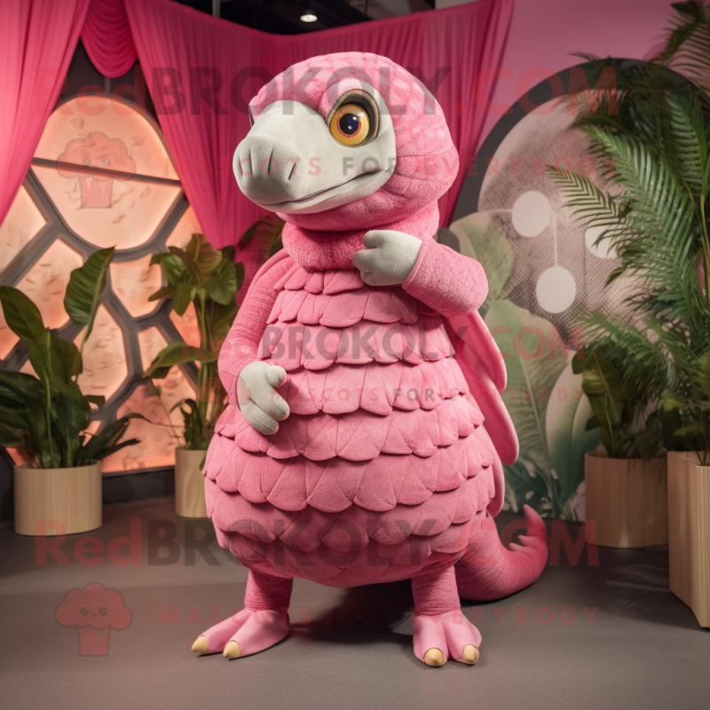 Pink Pangolin mascot costume character dressed with a Corduroy Pants and Anklets